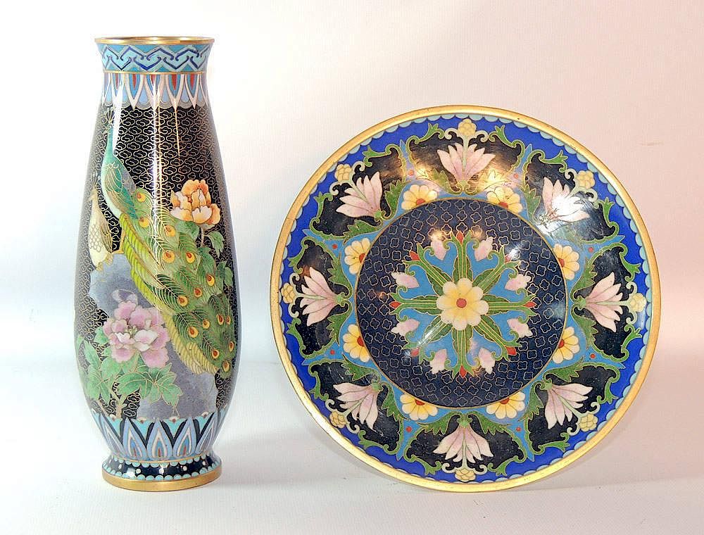 Appraisal: Chinese Cloisonn Enamel Vase and Compote Vase with peacock decoration