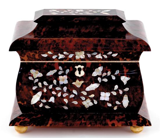 Appraisal: Regency style shell and inlaid mother-of-pearl tea caddy sarcophagus form