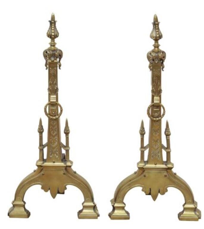 Appraisal: pair Gilt metal andirons having foliate finial over architectural buttress