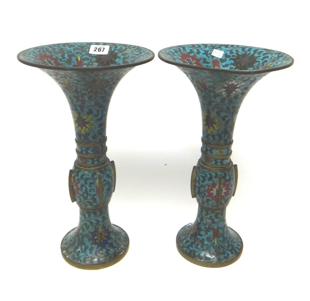 Appraisal: A pair of Chinese cloisonn gu-shaped vases th century decorated