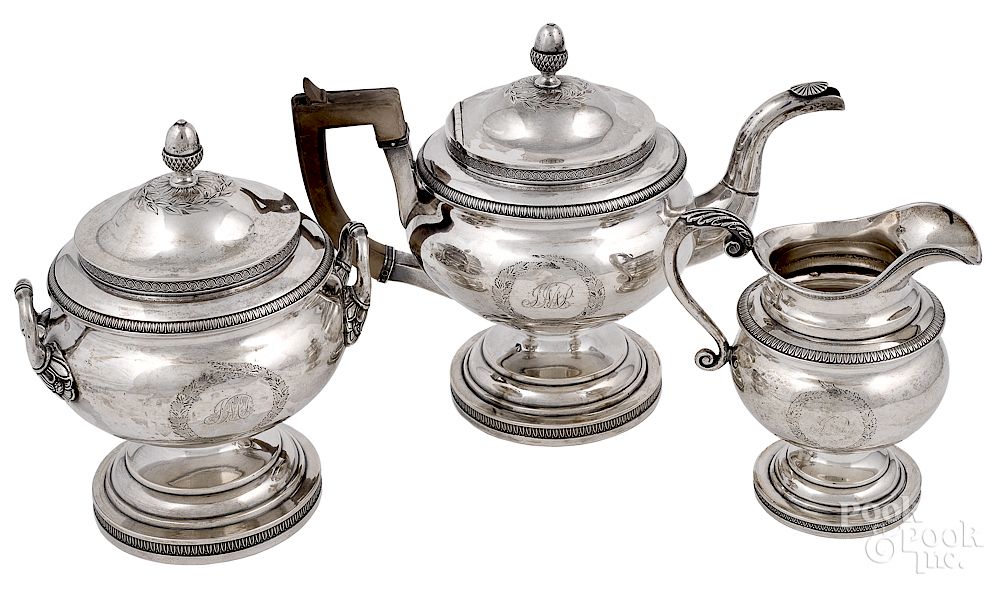 Appraisal: Philadelphia three-piece coin silver tea service Philadelphia three-piece coin silver