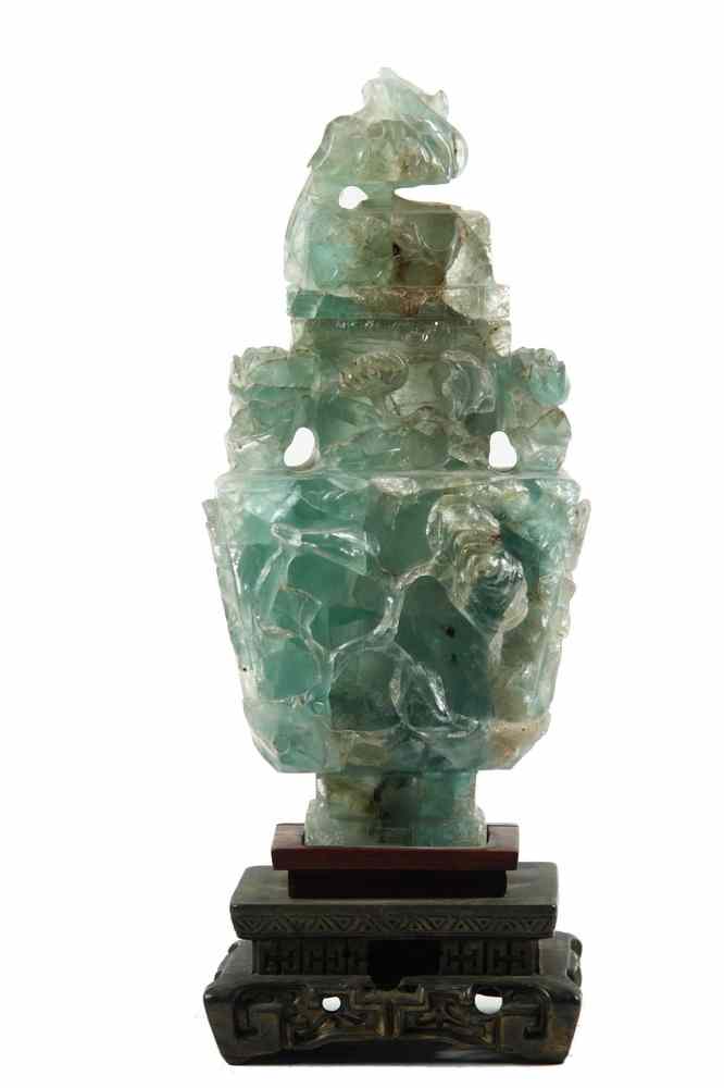 Appraisal: URN - A carved green quartz Chinese two-part covered urn