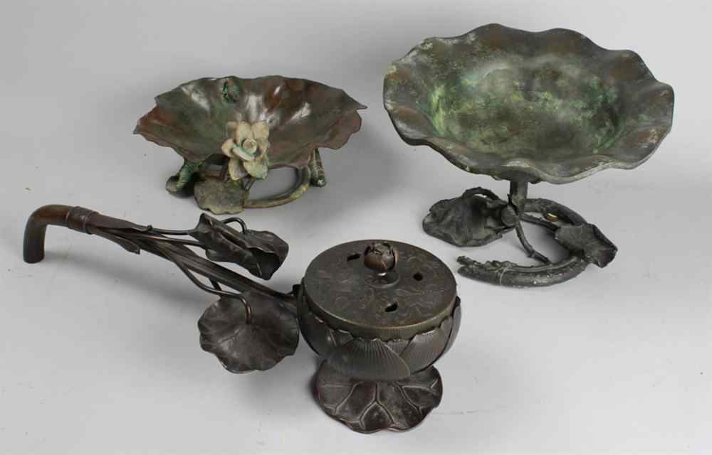 Appraisal: GROUP OF THREE JAPANESE BRONZES INCLUDING LARGE AND SMALL LOTUS