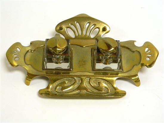 Appraisal: Double ink well c brass tray and two glass with