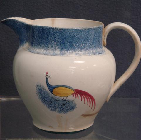 Appraisal: Spatterware pitcher with peafowl decoration hairlines losses around foot discoloration