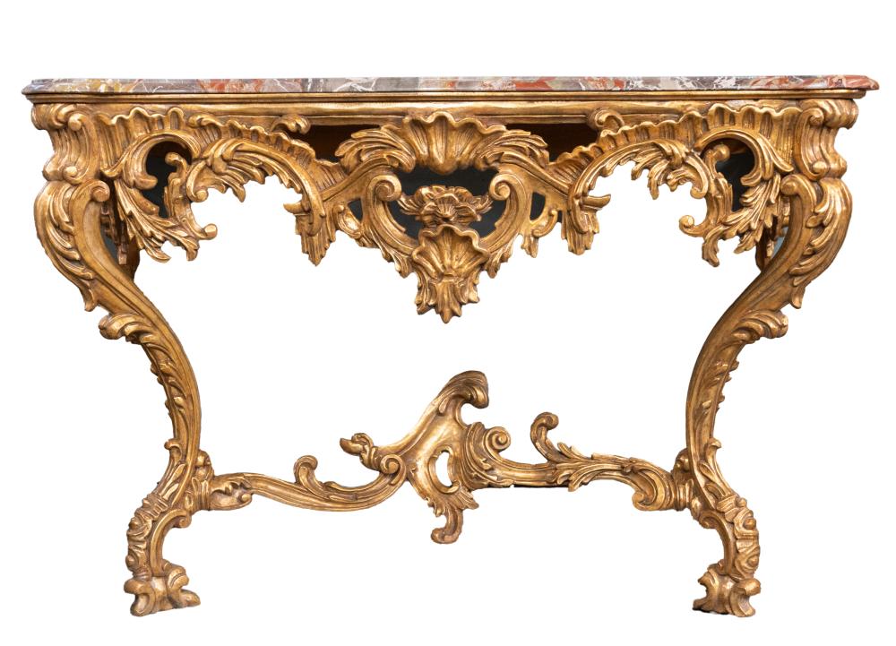 Appraisal: ITALIAN ROCOCO-STYLE GILTWOOD CONSOLE TABLEwith removable marble top inches wide