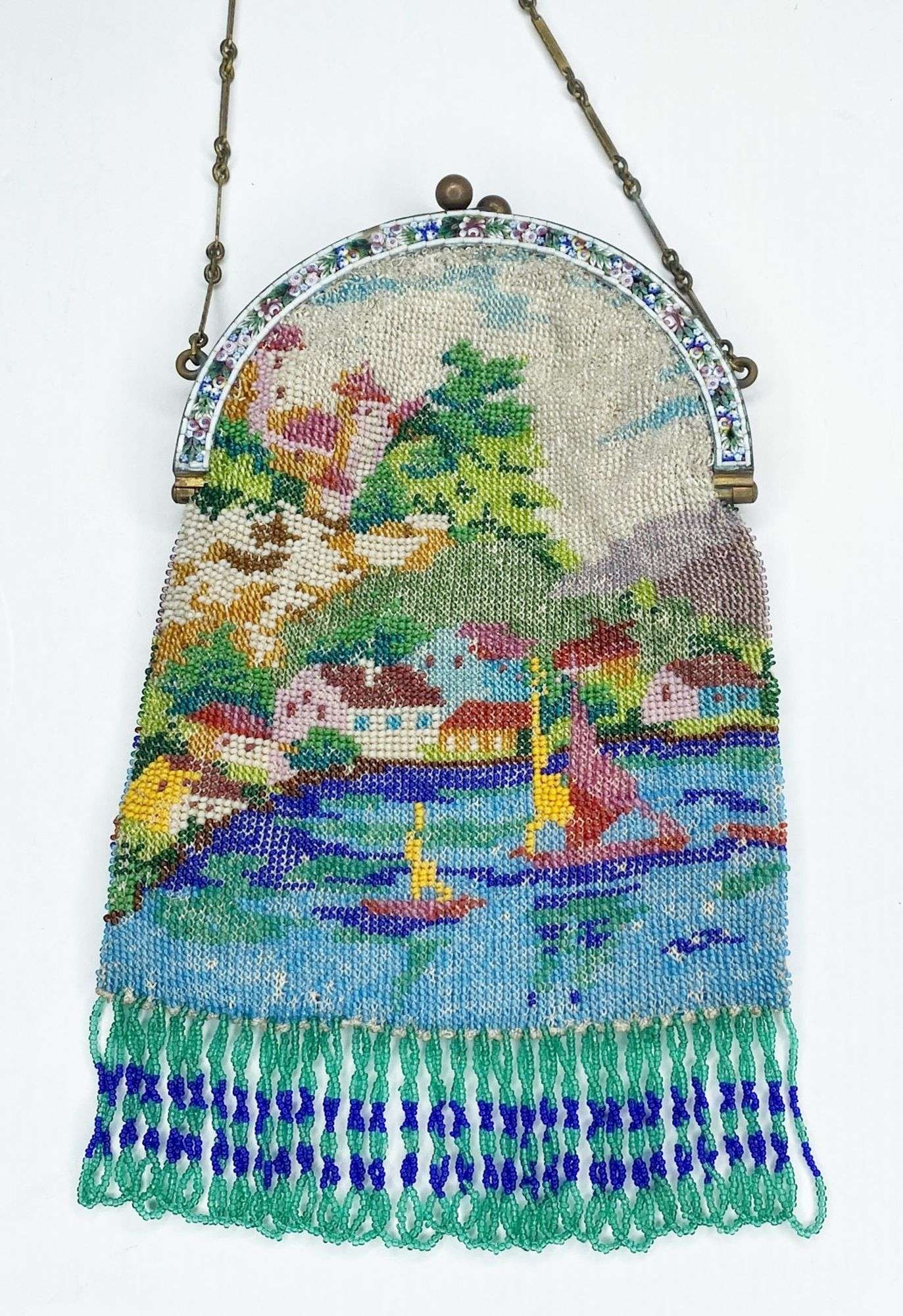 Appraisal: Micro Beaded Bag with Boating Scene and Micro Mosiac Frame