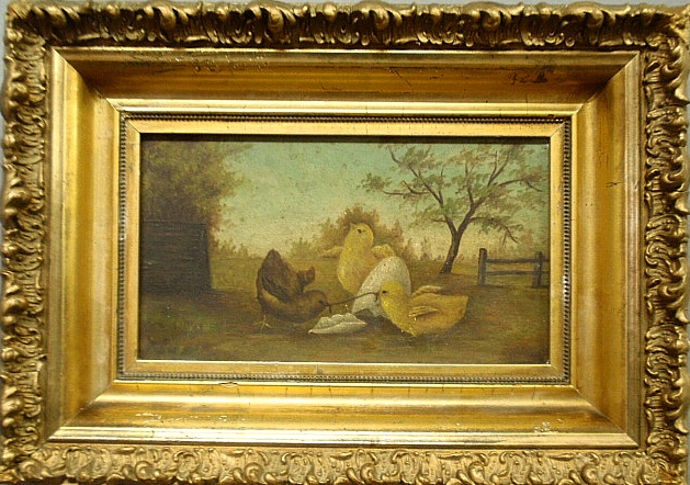 Appraisal: - Charming oil on artist board painting of chicks in