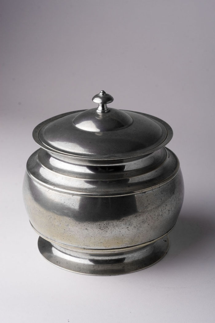 Appraisal: PEWTER SUGAR BOWL PROBABLY CONNECTICUT CIRCA - Body halves burned