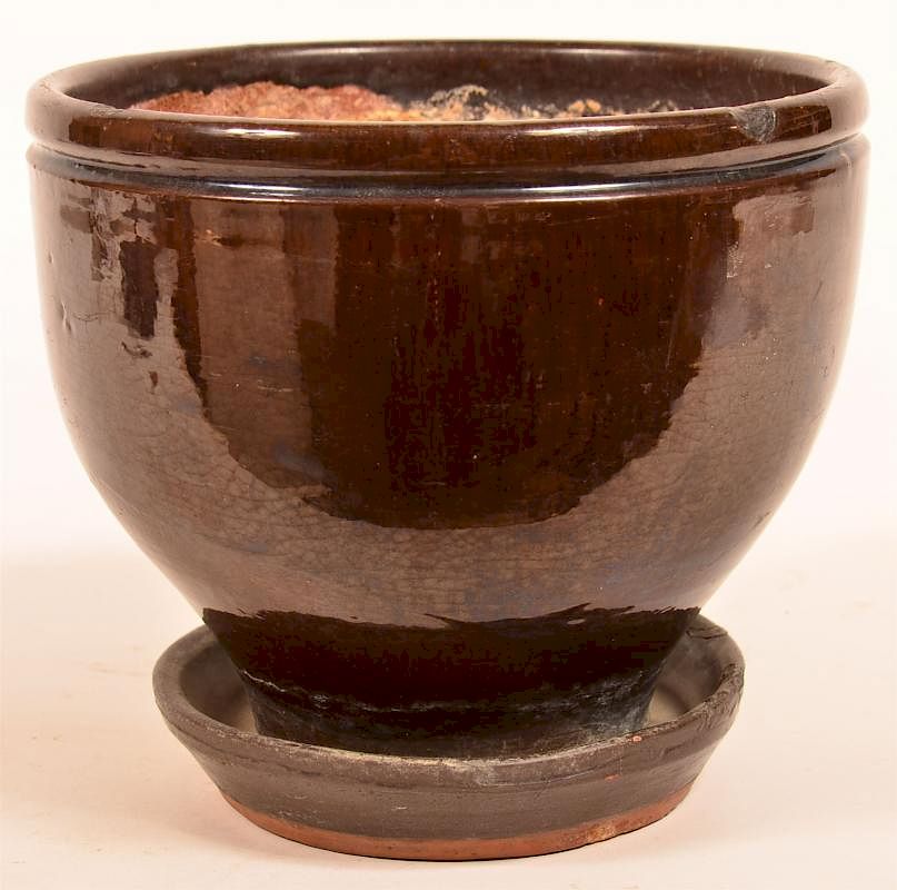 Appraisal: Mottle Glazed Redware Pottery Flower Pot th Century Mottle Glazed