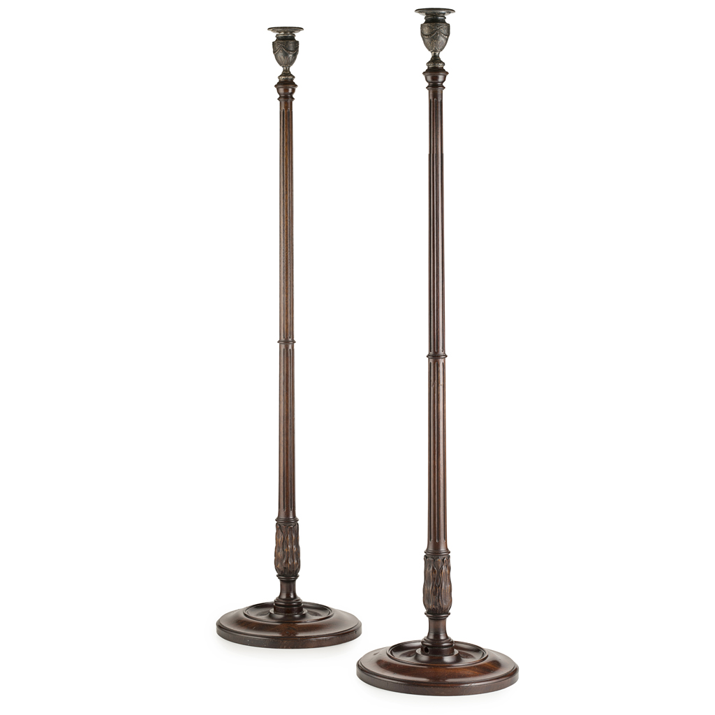 Appraisal: PAIR OF GEORGE III STYLE MAHOGANY AND SILVER PLATE FLOOR