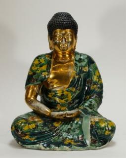 Appraisal: Japanese Gilt Porcelain Seated Kannon Buddha JAPAN EARLY - MID