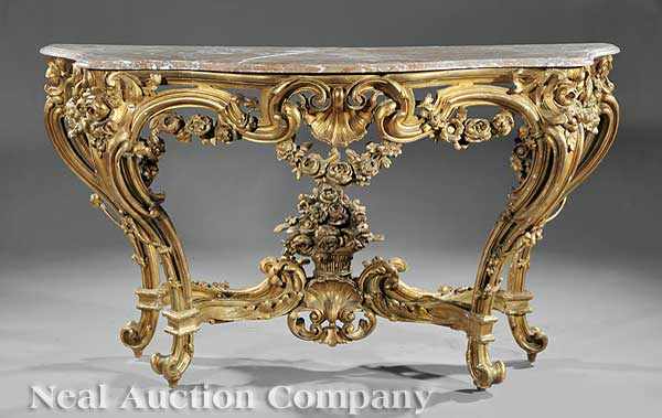 Appraisal: An Antique Continental Rococo-Style Carved Giltwood Console serpentine rouge marble