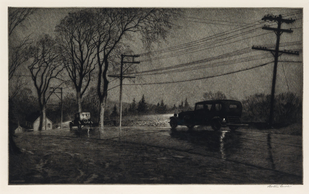 Appraisal: MARTIN LEWIS Wet Night Route Drypoint x mm x inches