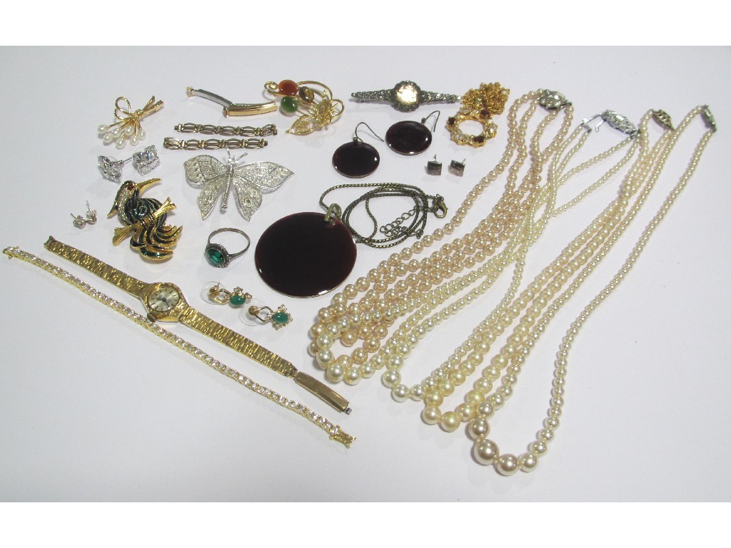 Appraisal: Lot comprising silver brooches costume brooches and earrings paste pearls