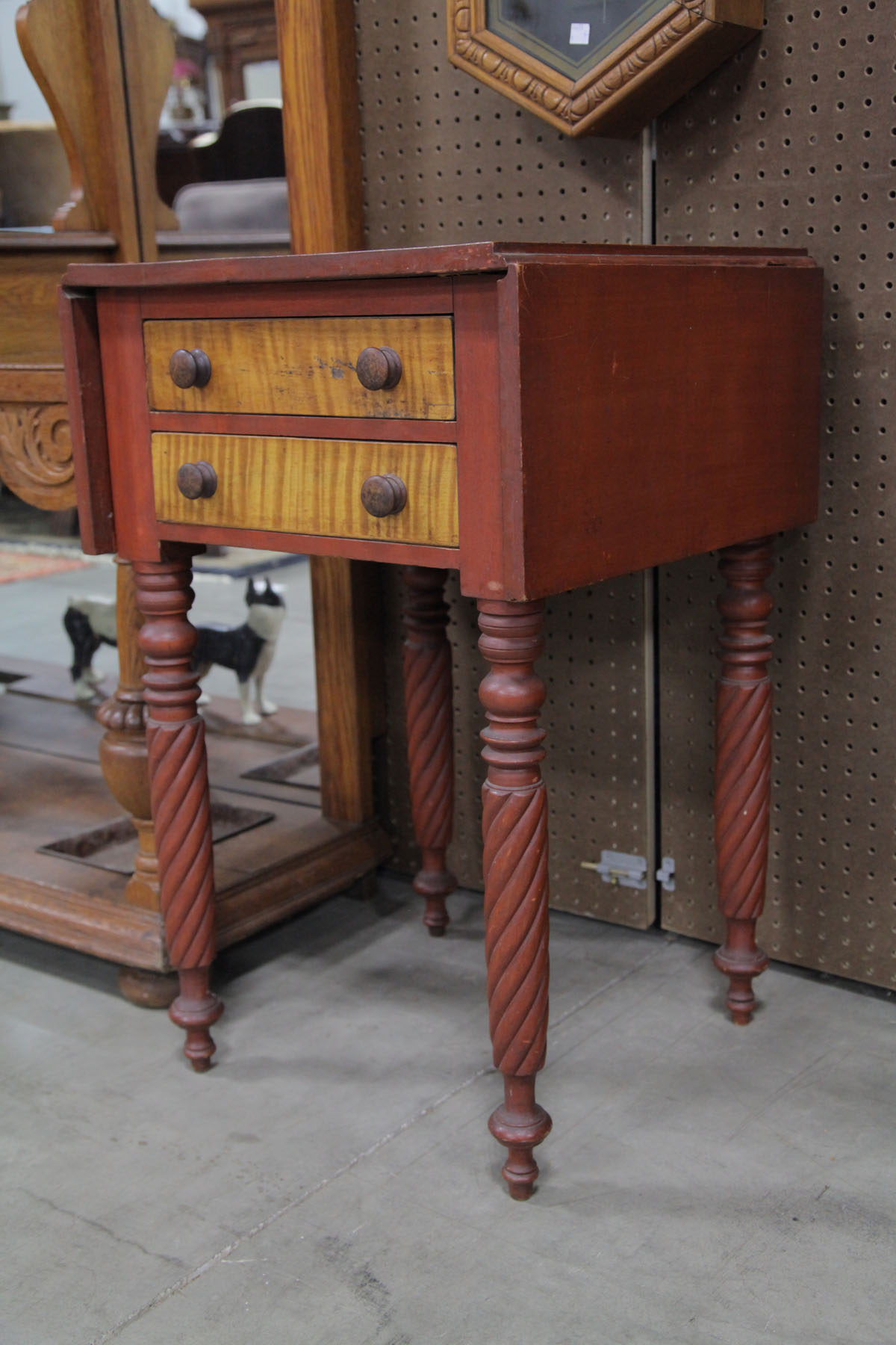 Appraisal: TWO DRAWER DROPLEAF STAND American late th century Red painted