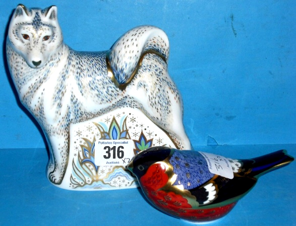 Appraisal: Royal Crown Derby Paperweights Husky with certificate and Bullfinch boxed