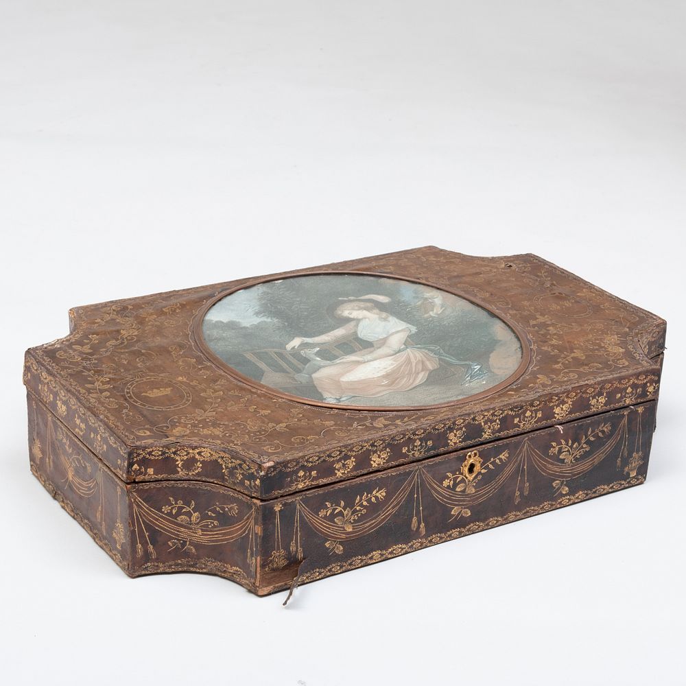 Appraisal: English Gilt-Tooled Leather Box with a Figural Colored Engraving Opening