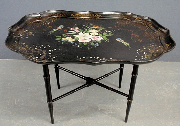 Appraisal: - Victorian black lacquered tray decorated with birds and flowers