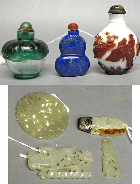 Appraisal: Including four small reticulated hardstone plaques one lapis snuff bottle