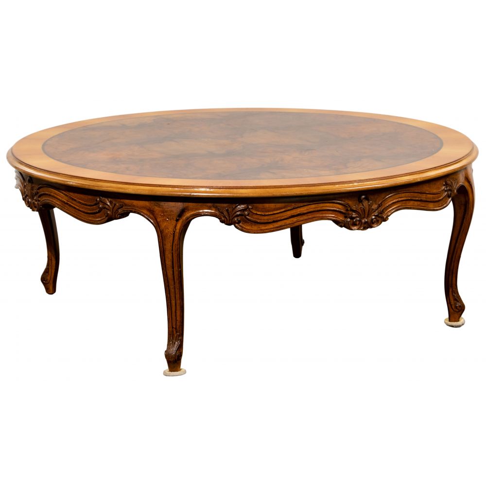 Appraisal: ROUND BURL AND FRUIT WOOD COFFEE TABLE th Century having