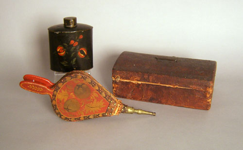 Appraisal: Tole caddy together with painted bellows and a leather covered