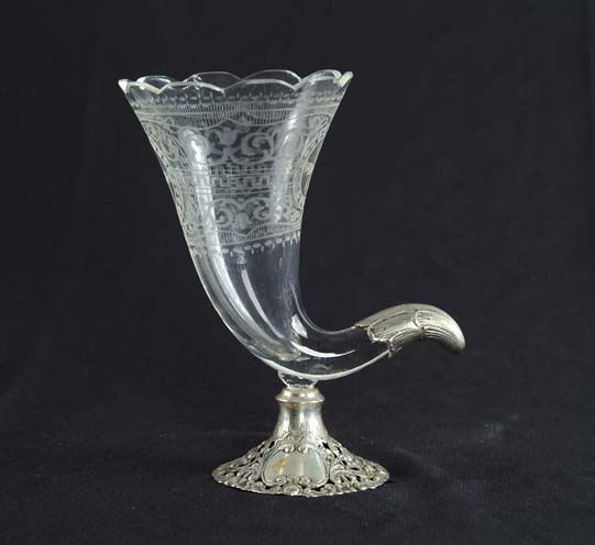 Appraisal: FINE GERMAN GLASS AND SILVER HORN VASE Etched glass horn