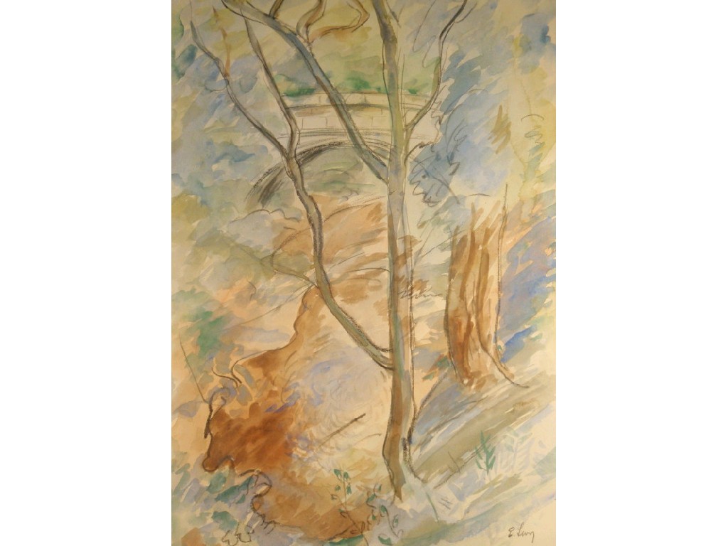 Appraisal: Exxx Levy River landscape with trees charcoal and watercolour signed