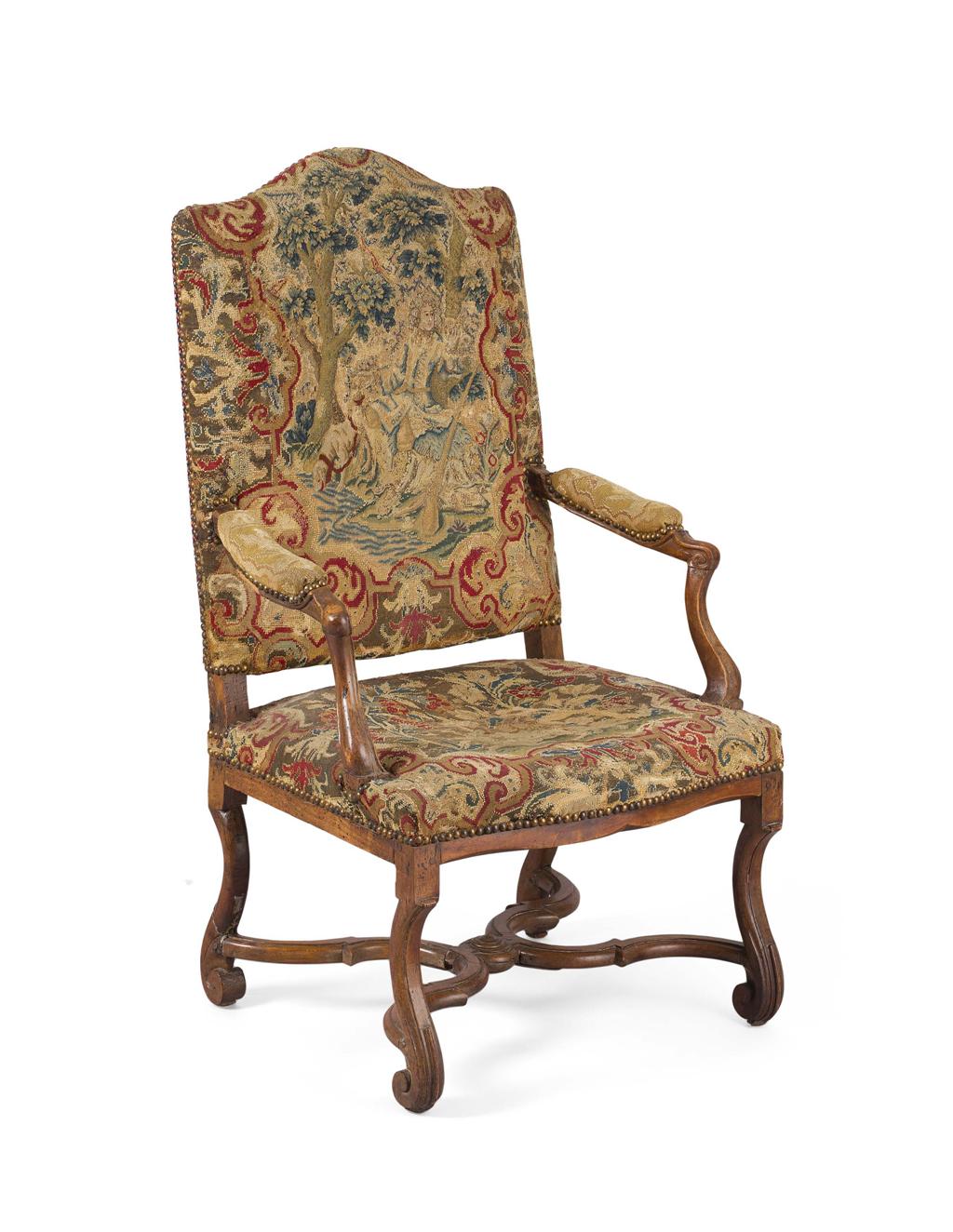 Appraisal: FRENCH WALNUT AND NEEDLEWORK UPHOLSTERED ARMCHAIR TH TH CENTURY in