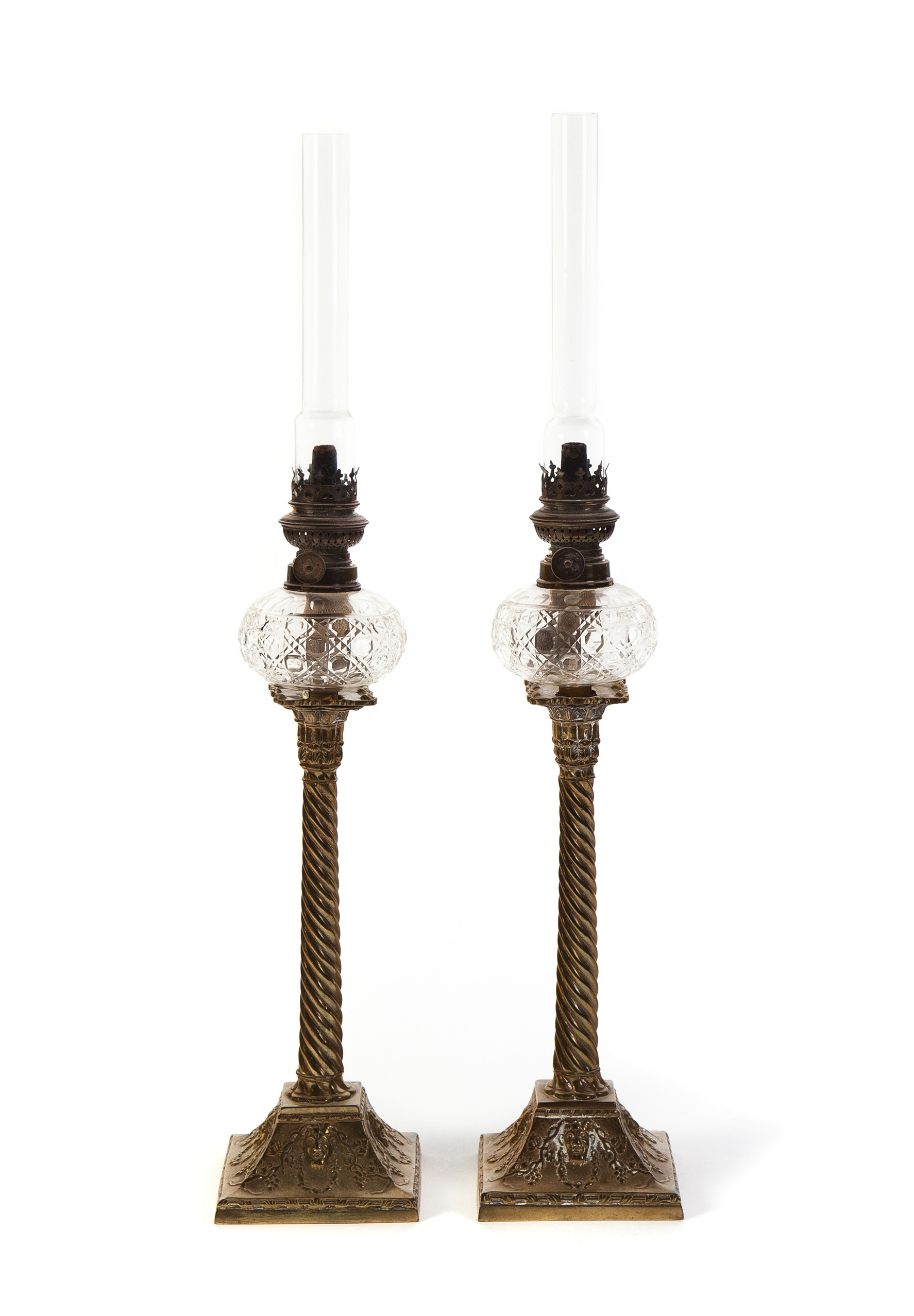 Appraisal: PAIR OF PEG LAMPS Nineteenth century Clear glass fonts and