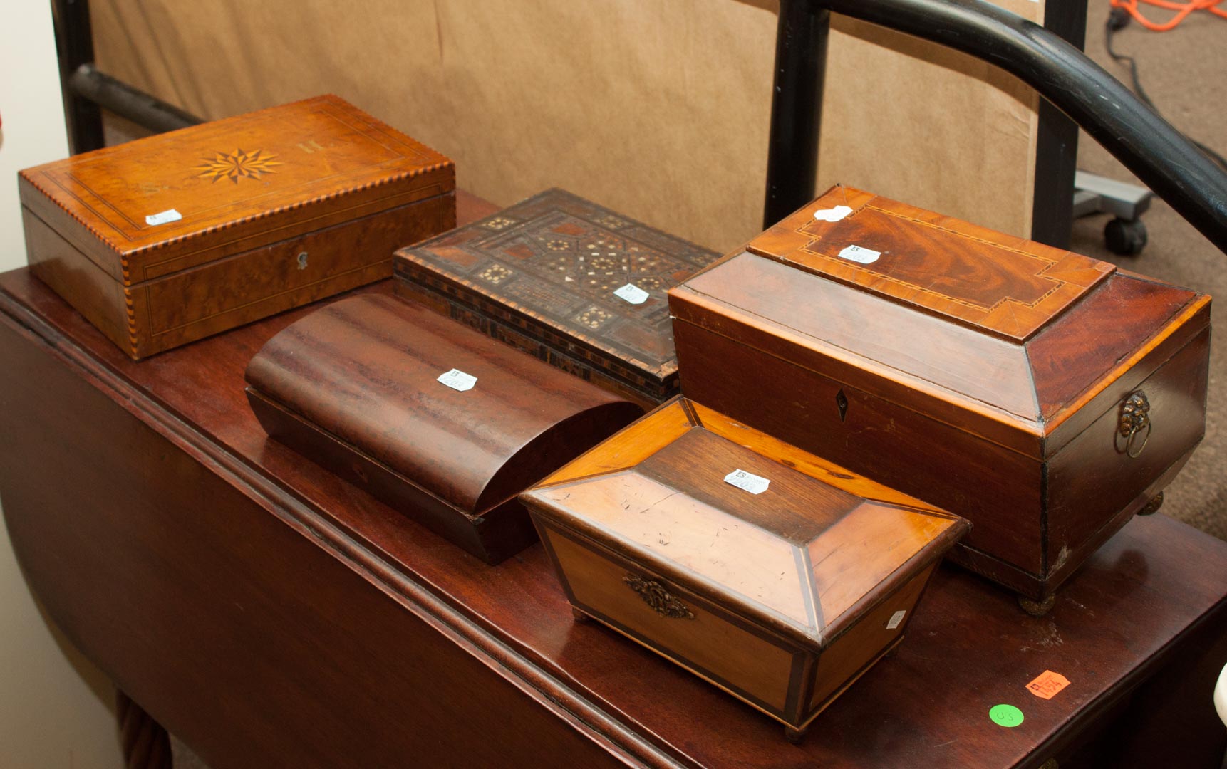 Appraisal: Five assorted boxes including tea caddy dresser box jewelry box