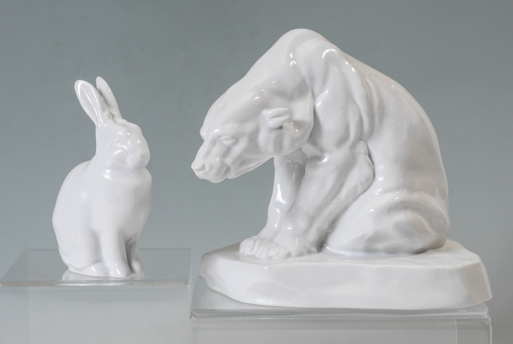 Appraisal: HEREND WHITE POLAR BEAR AND RABBIT FIGURINES figures total to