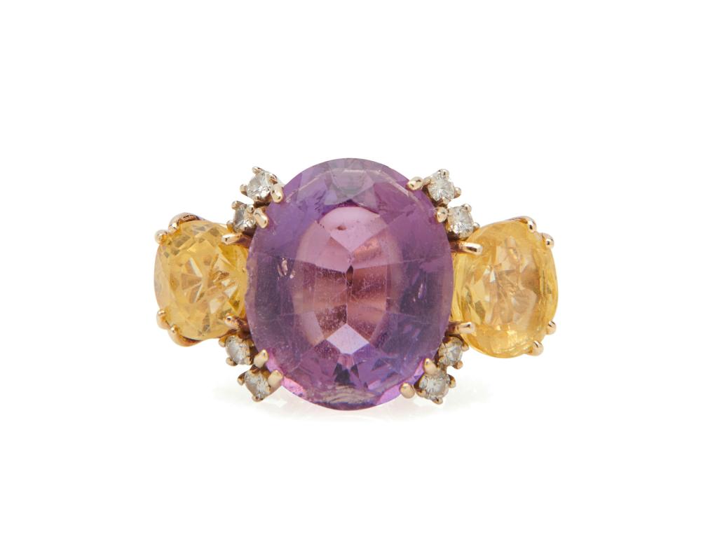 Appraisal: K Gold Amethyst Yellow Sapphire and Diamond Ring centering an