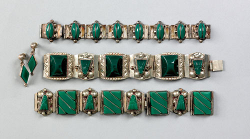 Appraisal: Mexico sterling Aztec bracelet ca 's with green glass panels