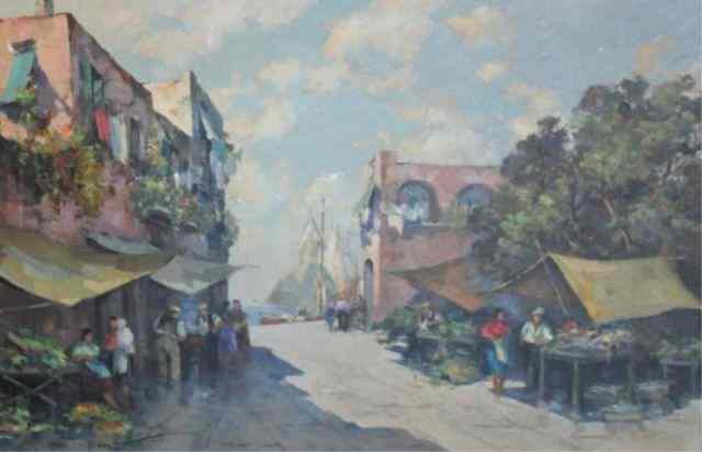 Appraisal: Oil on Canvas Coastal Market Scene Signed lower left Eva