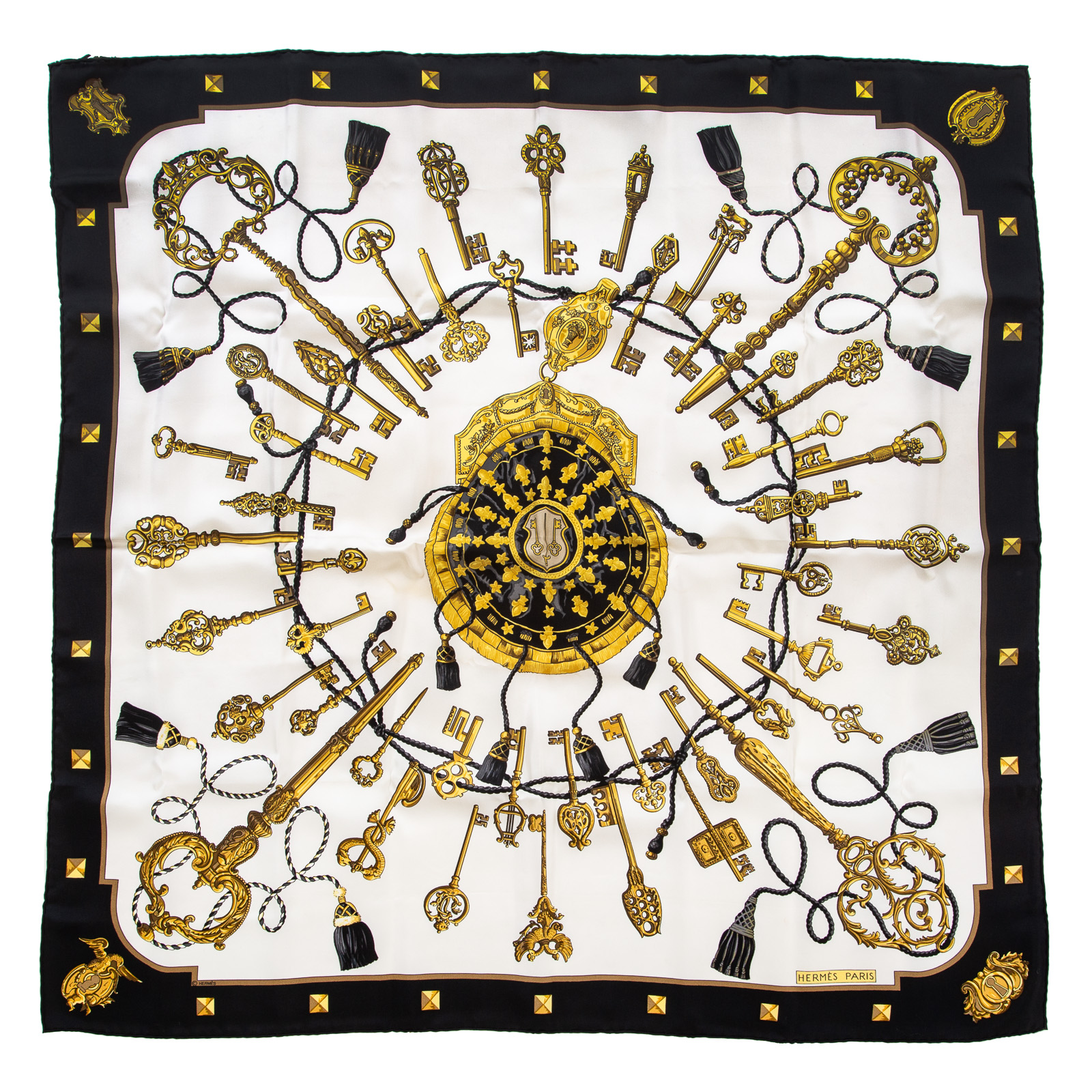 Appraisal: AN HERMES LES CLES SCARF Black white and multicolor Hermes