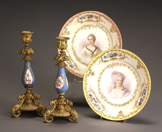 Appraisal: Pair of S vres-Type Ormolu Mounted Candlesticks and a Pair