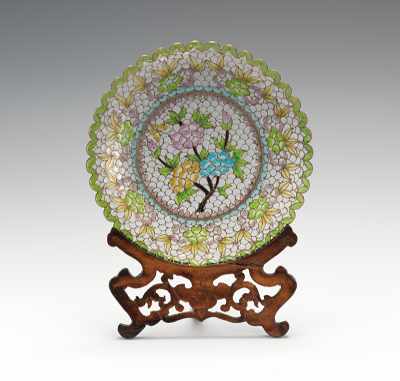 Appraisal: A Japanese Plique-a-Jour Plate with Stand Translucent polychrome enamels within