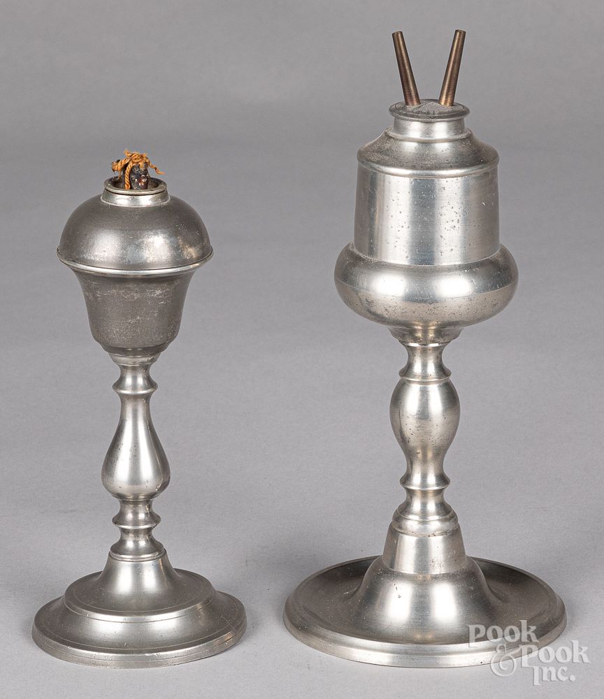 Appraisal: Two pewter whale oil lamps Two pewter whale oil lamps