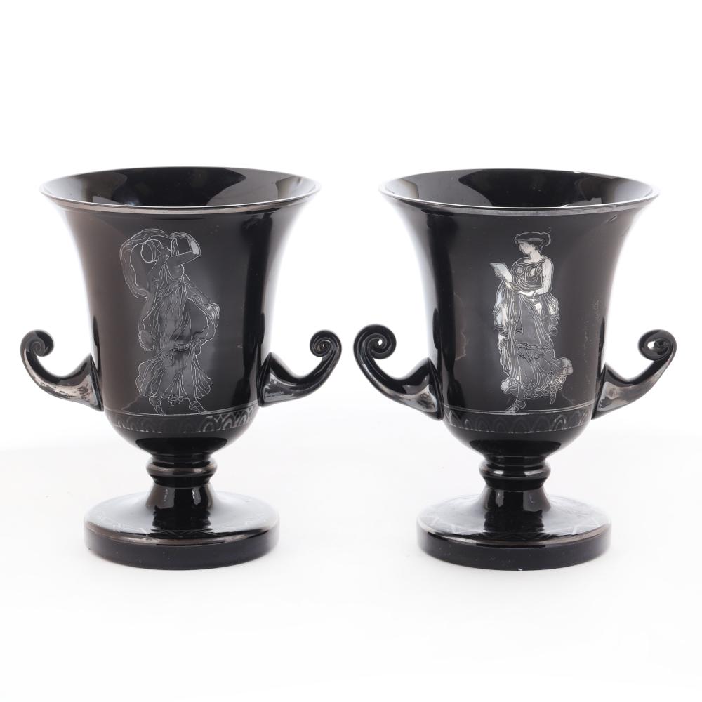 Appraisal: PAIR CZECH ART DECO BLACK GLASS URNS WITH SILVER OVERLAY