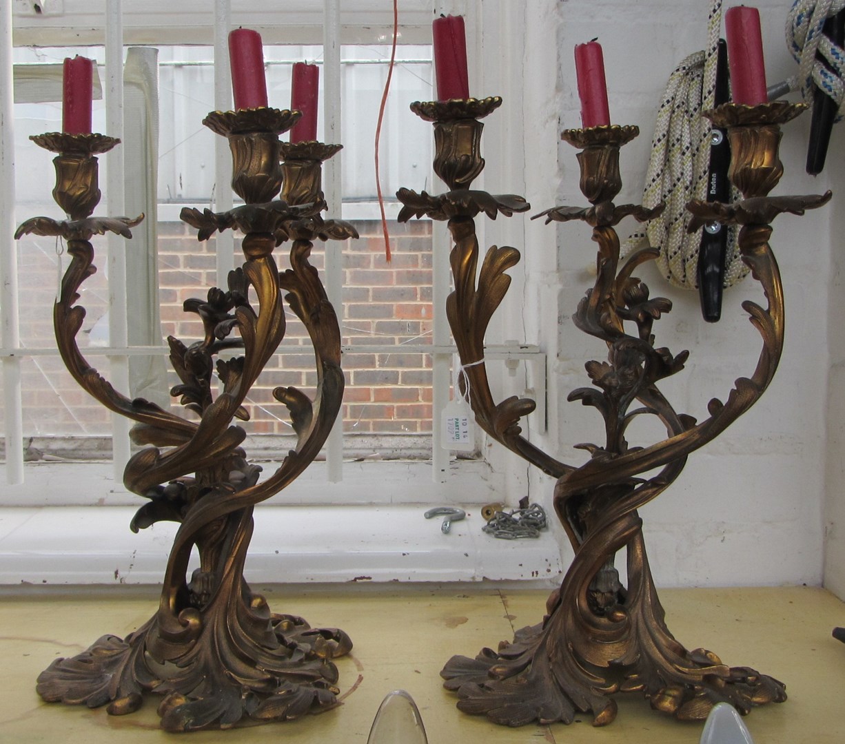 Appraisal: A pair of gilt bronze three branch candelabra early th