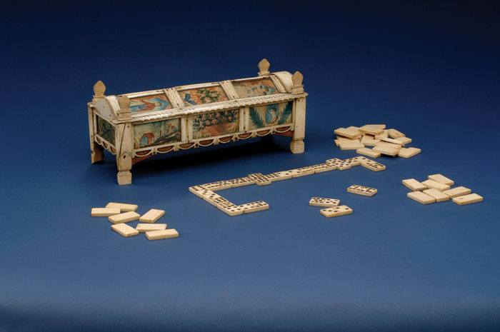 Appraisal: RARE PRISONER-OF-WAR CARVED IVORY CRIBBAGE BOARD AND DOMINO BOX MOUNTED