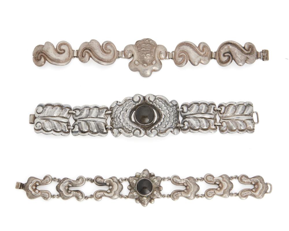 Appraisal: Three Matl silver bracelets Circa Mexico City Mexico Each stamped