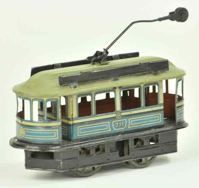 Appraisal: GUNTHERMAN TROLLEY Germany lithographed tin done in blue with green