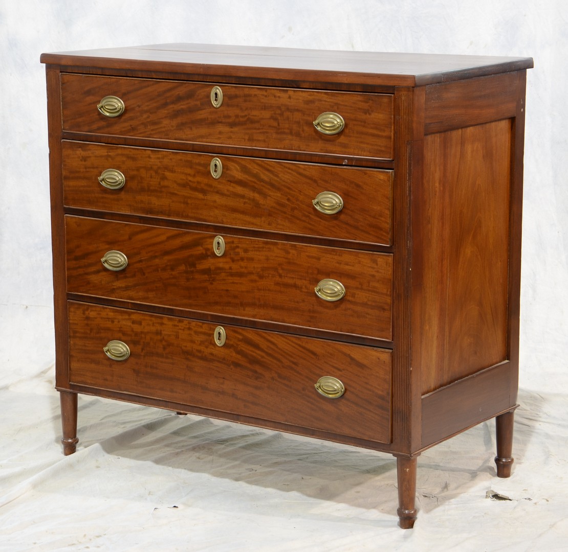 Appraisal: Mahogany Sheraton drawer bureau with reeded pilasters beaded drawers turned