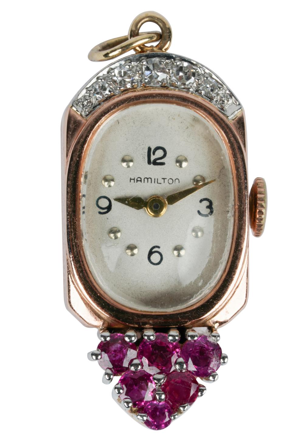 Appraisal: HAMILTON KARAT ROSE GOLD DIAMOND RUBY WATCH PENDANTmechanical movement containing