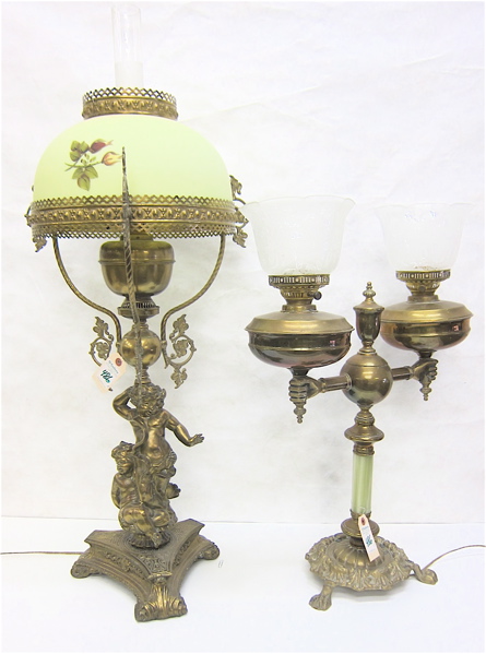 Appraisal: TWO VICTORIAN STYLE BRASS KEROSENE TABLE LAMPS both electrified antique