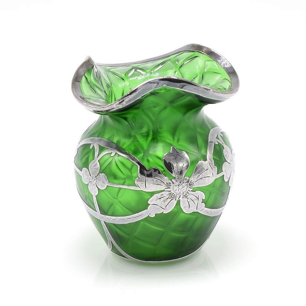 Appraisal: Green Bud Vase with Sterling Silver Flower Design Overlay Green