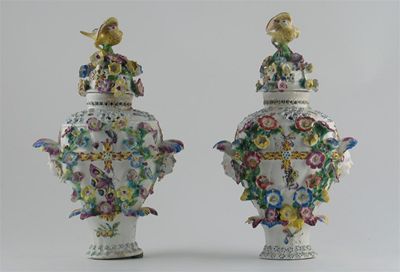 Appraisal: A pair of Bow frill vases and covers with applied