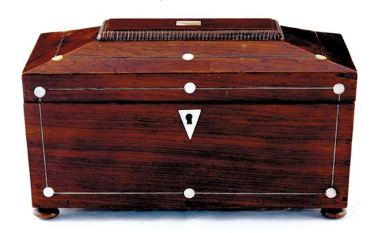 Appraisal: Georgian style inlaid rosewood tea caddy circa coffin-form with hinged